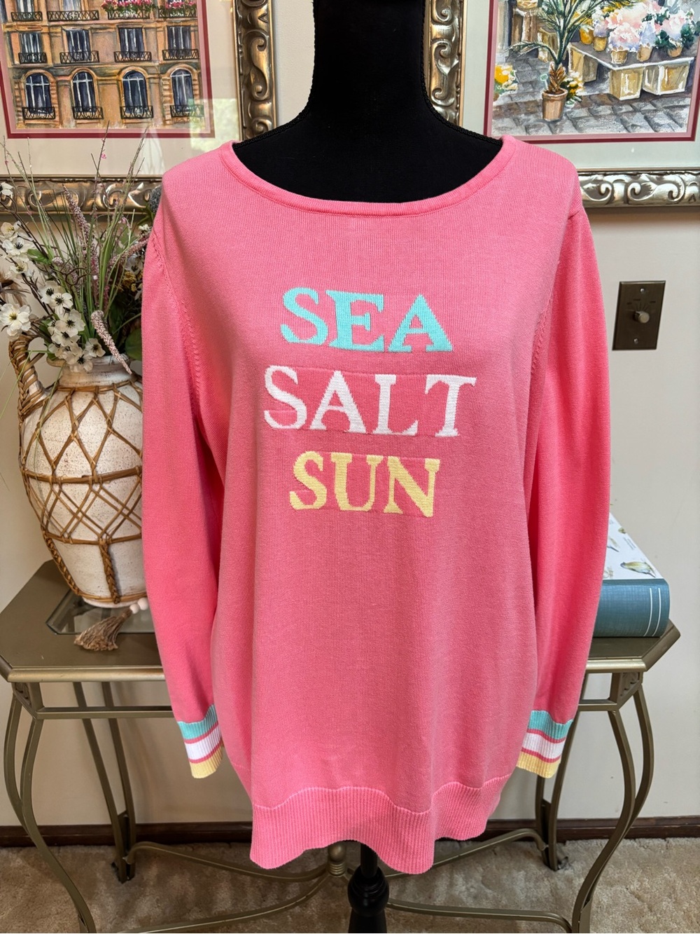 BELLE By Kim Gravel Pink ‘Sea Salt Sun' Relaxed Knit Crewneck Sweater Size XL